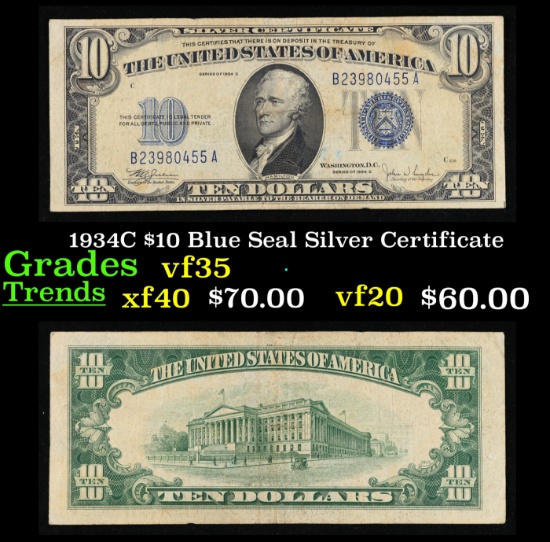 1934C $10 Blue Seal Silver Certificate Grades vf++