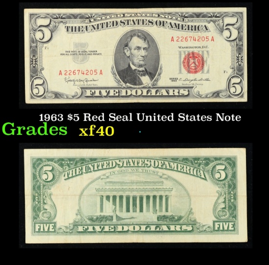1963 $5 Red Seal United States Note Grades xf