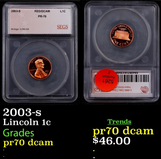 2003-s Proof Lincoln Cent 1c pr70 dcam SEGS