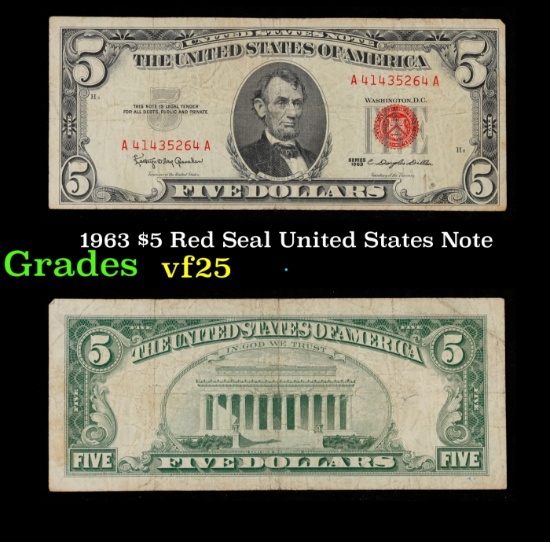 1963 $5 Red Seal United States Note Grades vf+
