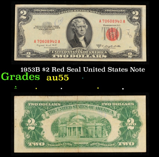 1953B $2 Red Seal United States Note Grades Choice AU