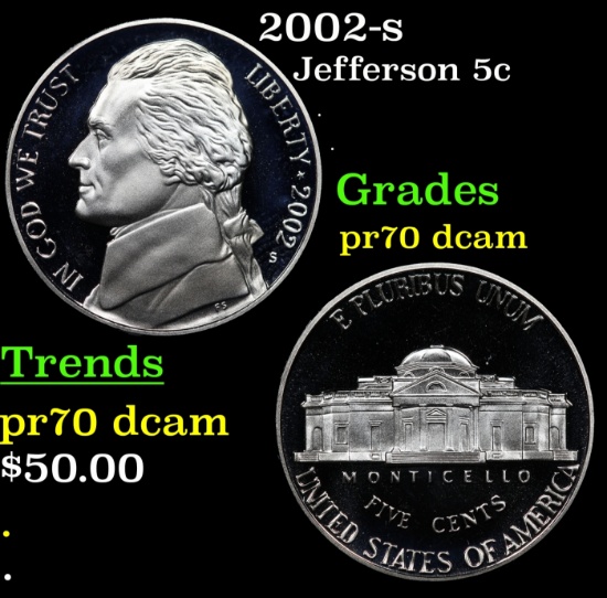 2002-s Proof Jefferson Nickel 5c pr70 dcam SEGS