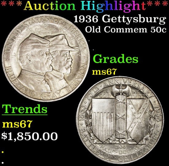 *Highlight* 1936 Gettysburg Old Commem Half Dollar 50c ms67 SEGS (fc)