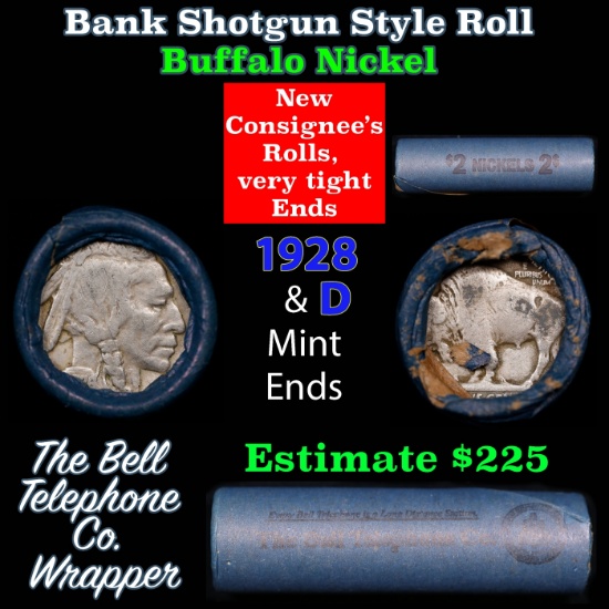Buffalo Nickel Shotgun Roll in Old Bank Style 'Bell Telephone' Wrapper 1928 & d Mint Ends