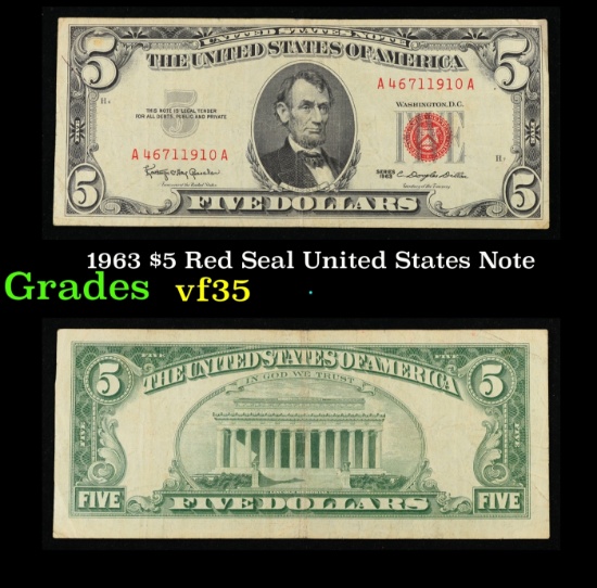 1963 $5 Red Seal United States Note Grades vf++