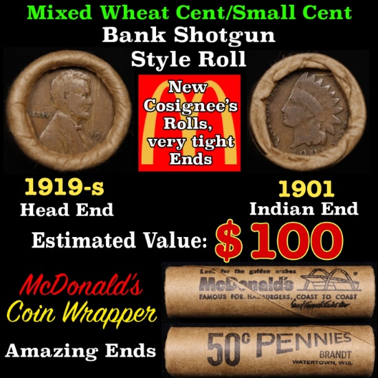 Small Cent Mixed Roll Orig Brandt McDonalds Wrapper, 1919-s Lincoln Wheat end, 1901 Indian other end