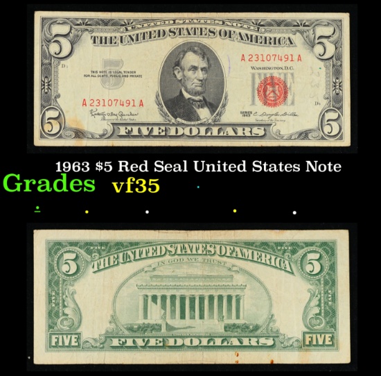 1963 $5 Red Seal United States Note Grades vf++
