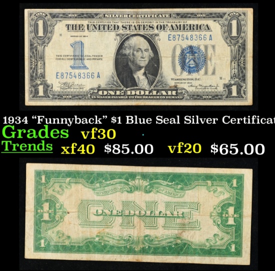 1934 $1 Blue Seal Silver Certificate Grades vf++