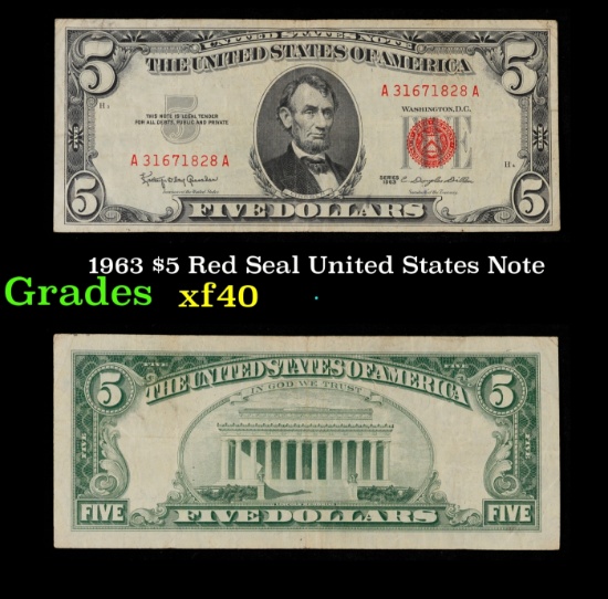 1963 $5 Red Seal United States Note Grades xf