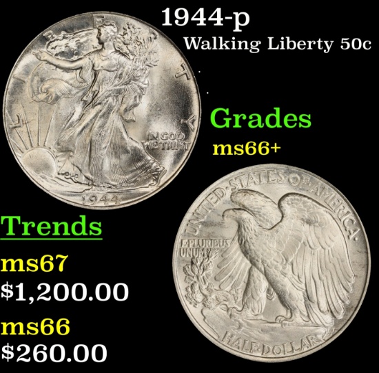 1944-p Walking Liberty Half Dollar 50c Grades GEM++ Unc