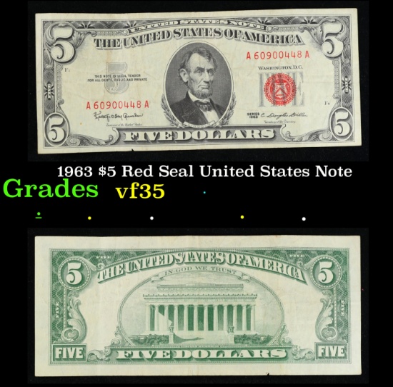 1963 $5 Red Seal United States Note Grades vf++