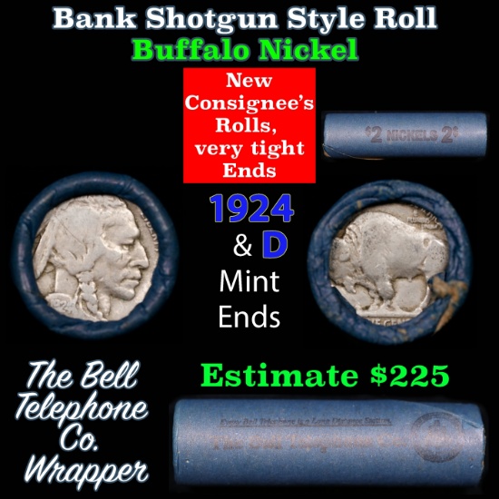 Buffalo Nickel Shotgun Roll in Old Bank Style 'Bell Telephone' Wrapper 1924 & d Mint Ends
