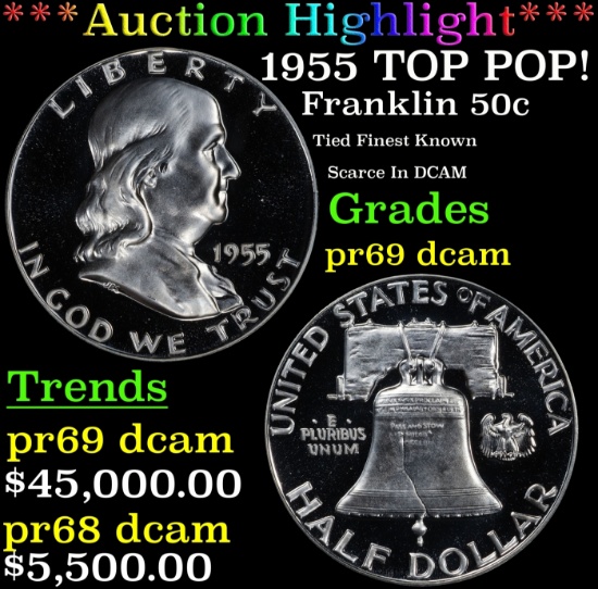 *Highlight* 1955 Proof Franklin Half Dollar TOP POP! 50c pr69 dcam SEGS (fc)