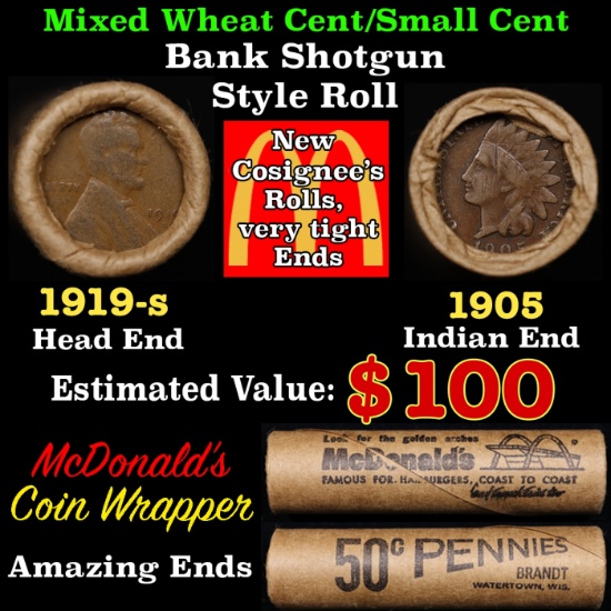 Small Cent Mixed Roll Orig Brandt McDonalds Wrapper, 1919-s Lincoln Wheat end, 1905 Indian other end