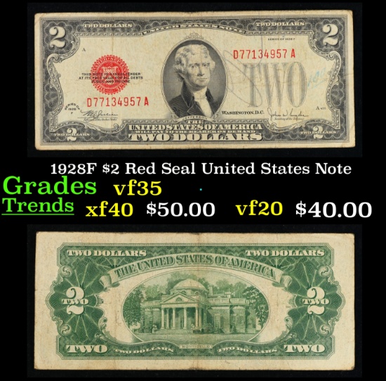1928F $2 Red Seal United States Note Grades vf++