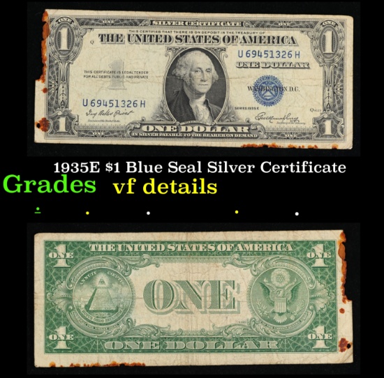 1935E $1 Blue Seal Silver Certificate Grades vf details
