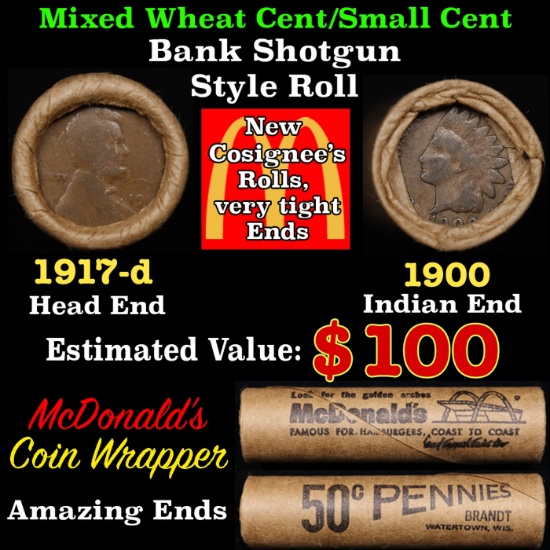Small Cent Mixed Roll Orig Brandt McDonalds Wrapper, 1917-d Lincoln Wheat end, 1900 Indian other end
