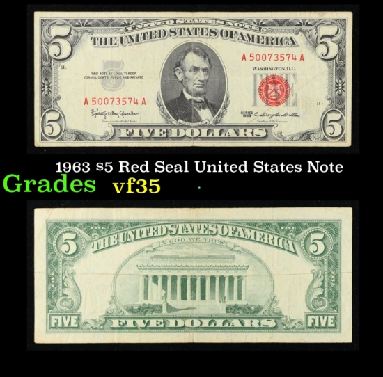 1963 $5 Red Seal United States Note Grades vf++