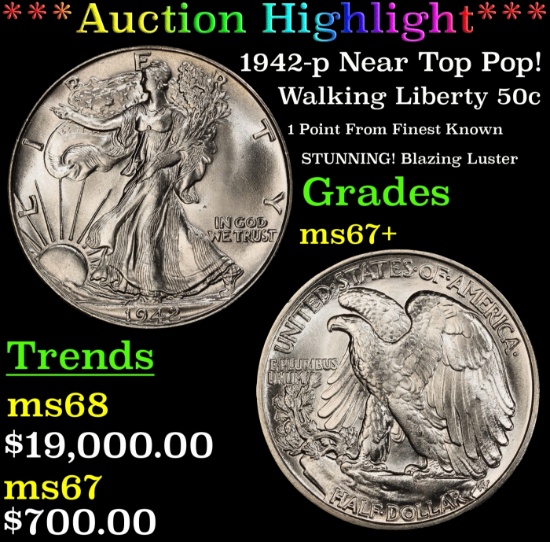 *Highlight* 1942-p Walking Liberty Half Dollar Near Top Pop! 50c ms67+ SEGS (fc)