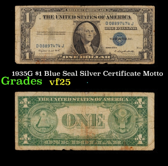 1935G No Motto $1 Blue Seal Silver Certificate Grades vf+