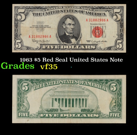 1963 $5 Red Seal United States Note Grades vf++