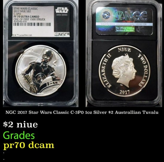 NGC NGC 2017 Star Wars Classic C-3P0 1oz Silver $2 Australlian Tuvalu Proof pr70 dcam NGC
