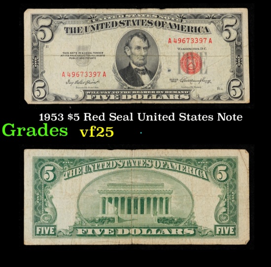 1953 $5 Red Seal United States Note Grades vf+