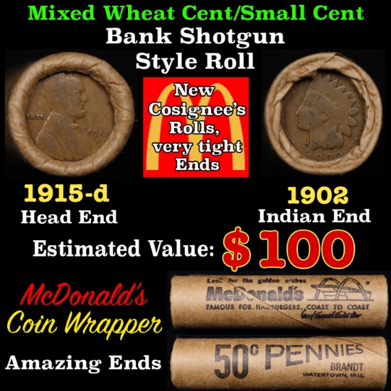 Small Cent Mixed Roll Orig Brandt McDonalds Wrapper, 1915-d Lincoln Wheat end, 1902 Indian other end