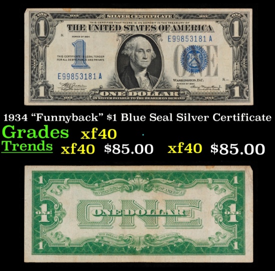 1934 $1 Blue Seal Silver Certificate Grades xf