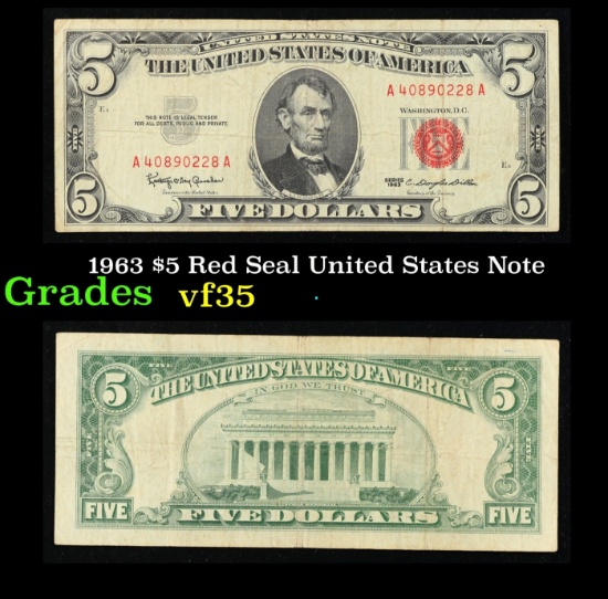 1963 $5 Red Seal United States Note Grades vf++