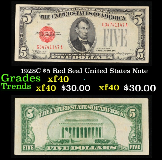 1928C $5 Red Seal United States Note Grades xf