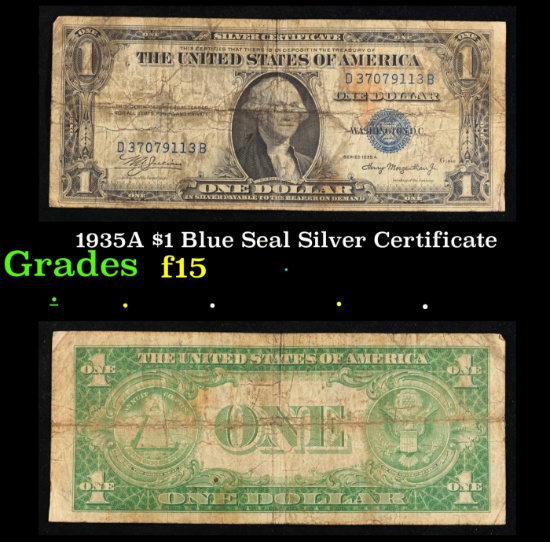 1935A $1 Blue Seal Silver Certificate Grades f+