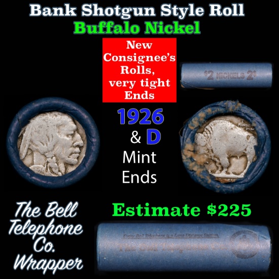 Buffalo Nickel Shotgun Roll in Old Bank Style 'Bell Telephone' Wrapper 1926 & d Mint Ends