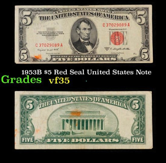 1953B $5 Red Seal United States Note Grades vf++
