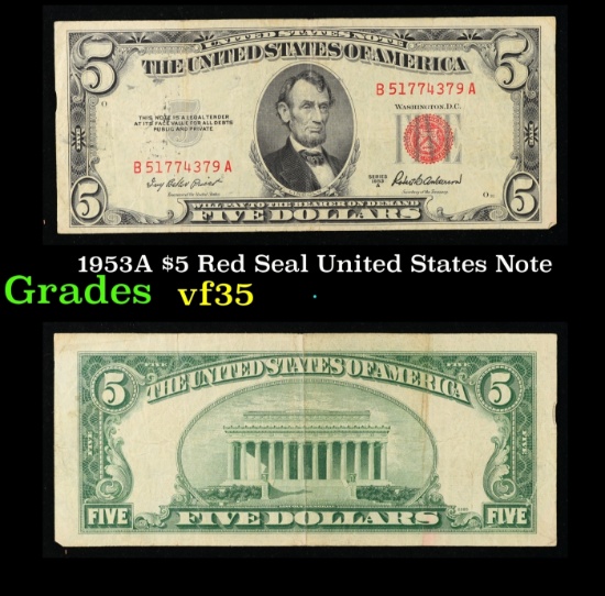 1953A $5 Red Seal United States Note Grades vf++
