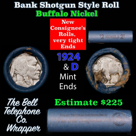 Buffalo Nickel Shotgun Roll in Old Bank Style 'Bell Telephone' Wrapper 1924 & d Mint Ends