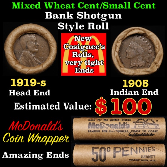 Small Cent Mixed Roll Orig Brandt McDonalds Wrapper, 1919-s Lincoln Wheat end, 1905 Indian other end