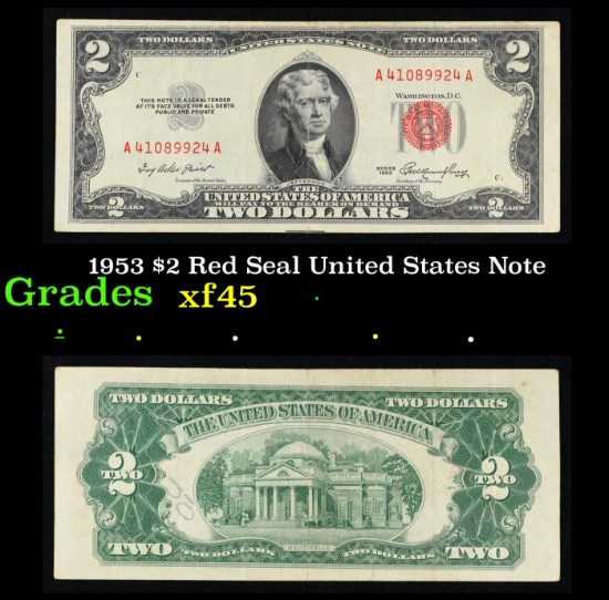 1953 $2 Red Seal United States Note Grades xf+