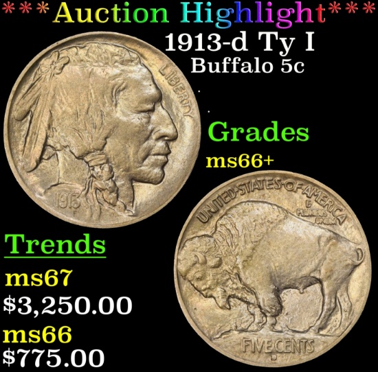*Highlight* 1913-d Ty I Buffalo Nickel 5c ms66+ SEGS (fc)