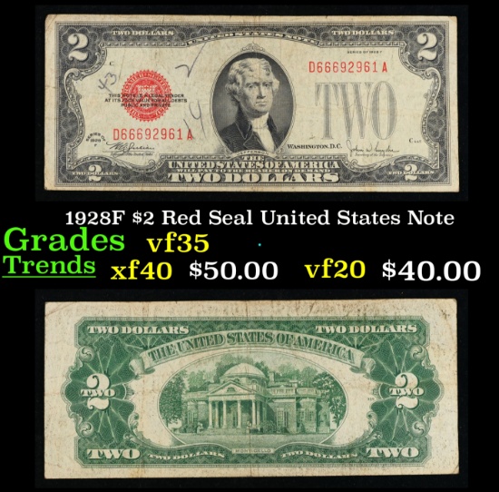 1928F $2 Red Seal United States Note Grades vf++