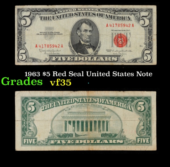 1963 $5 Red Seal United States Note Grades vf++