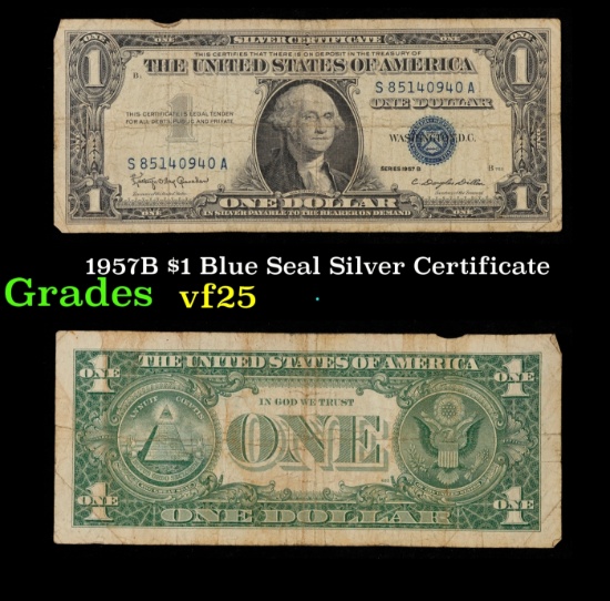 1957B $1 Blue Seal Silver Certificate Grades vf+