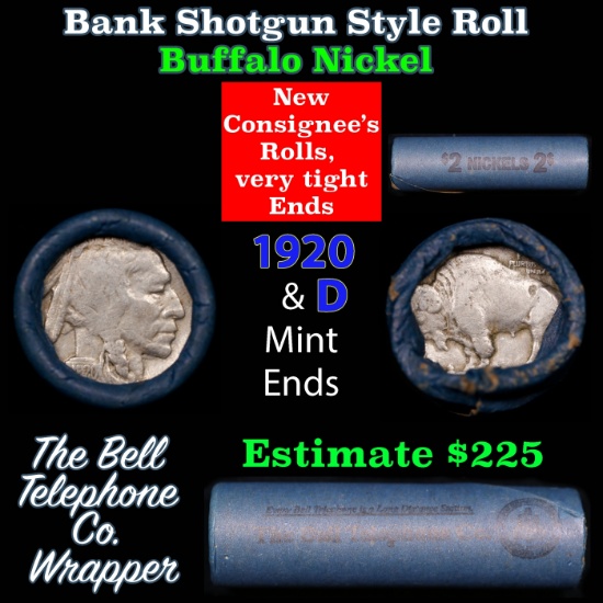 Buffalo Nickel Shotgun Roll in Old Bank Style 'Bell Telephone' Wrapper 1920 & d Mint Ends