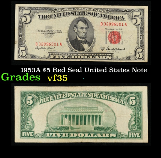 1953A $5 Red Seal United States Note Grades vf++