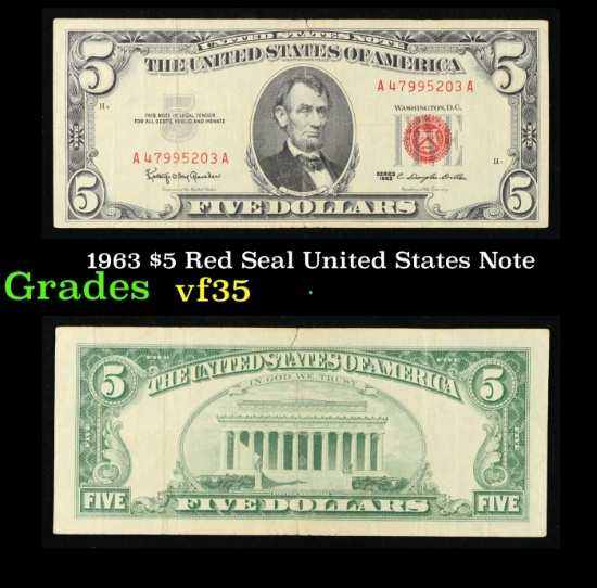 1963 $5 Red Seal United States Note Grades vf++