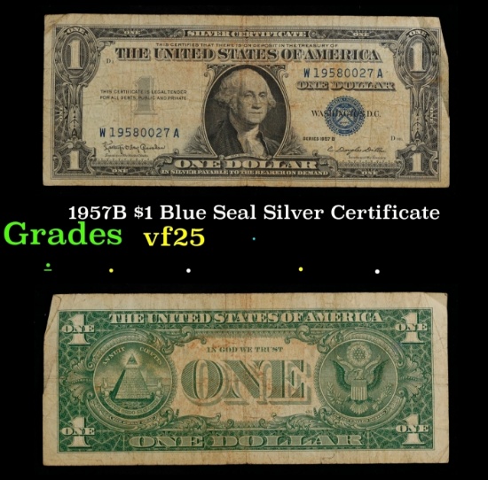 1957B $1 Blue Seal Silver Certificate Grades vf+
