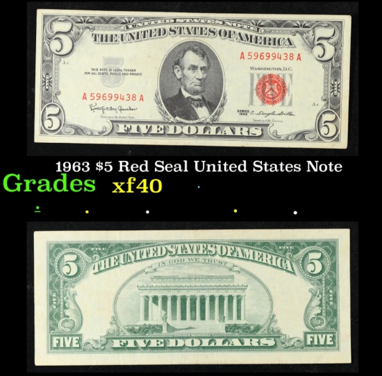 1963 $5 Red Seal United States Note Grades xf