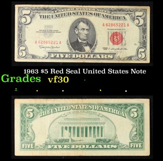1963 $5 Red Seal United States Note Grades vf++