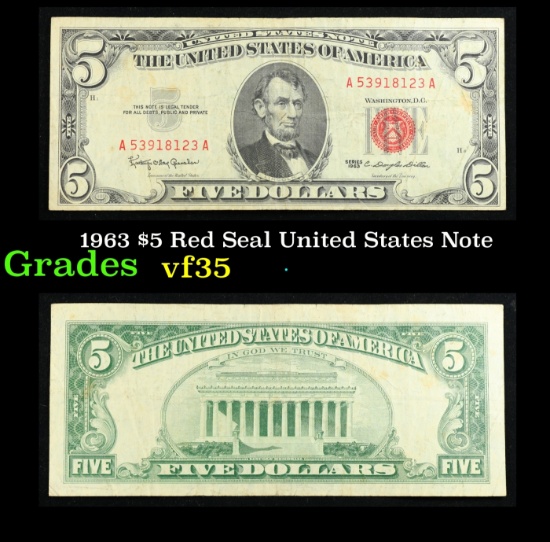 1963 $5 Red Seal United States Note Grades vf++