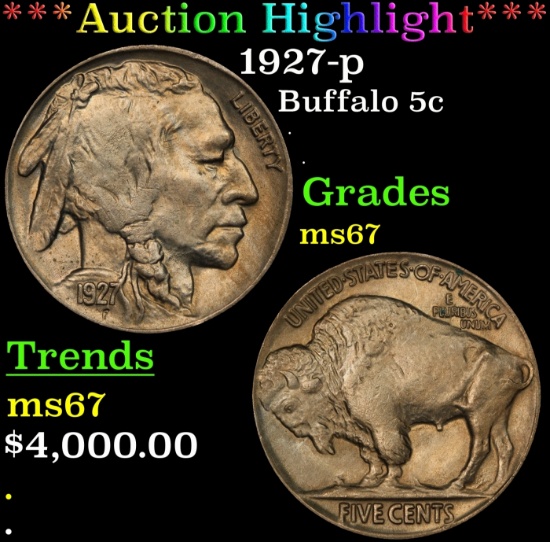 *Highlight* 1927-p Buffalo Nickel 5c ms67 SEGS (fc)